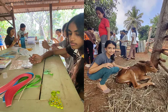 Summer Fun for Kids participants enjoying a creative activity and the natural outdoors in the Nrityagram campus
