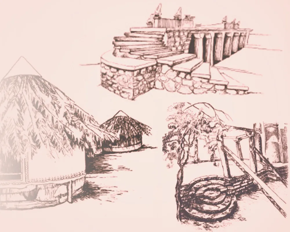 Collage of sketches of places inside Nrityagram